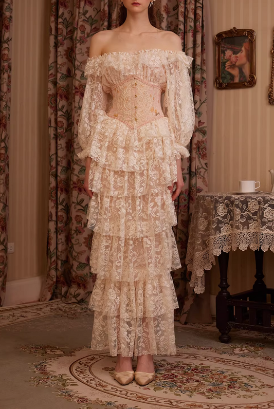 Ethereal Off-the-Shoulder Tiered Lace Gown Corset Prom Dress TP5688