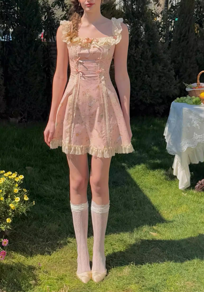 Vintage Pink Floral Ruffled A-Line Homecoming Dress Party Dress TP5690