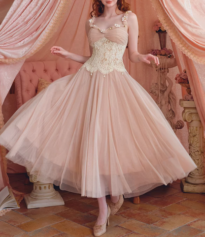 Vintage Pink Tulle A-Line Tea-Length Lace Applique Prom Dress TP5691