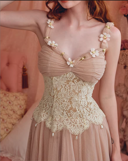 Vintage Pink Tulle A-Line Tea-Length Lace Applique Prom Dress TP5691