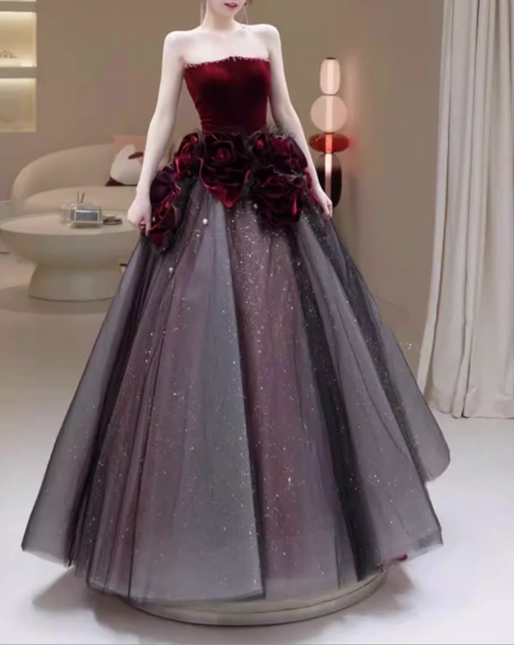 Glamorous Burgundy Velvet & Ombre Tulle 3D Floral Applique Sweet 16 Quinceanera Ball Gown TP5704