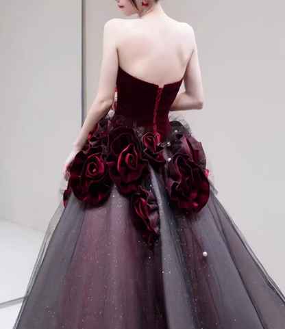 Glamorous Burgundy Velvet & Ombre Tulle 3D Floral Applique Sweet 16 Quinceanera Ball Gown TP5704