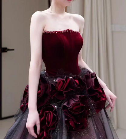 Glamorous Burgundy Velvet & Ombre Tulle 3D Floral Applique Sweet 16 Quinceanera Ball Gown TP5704