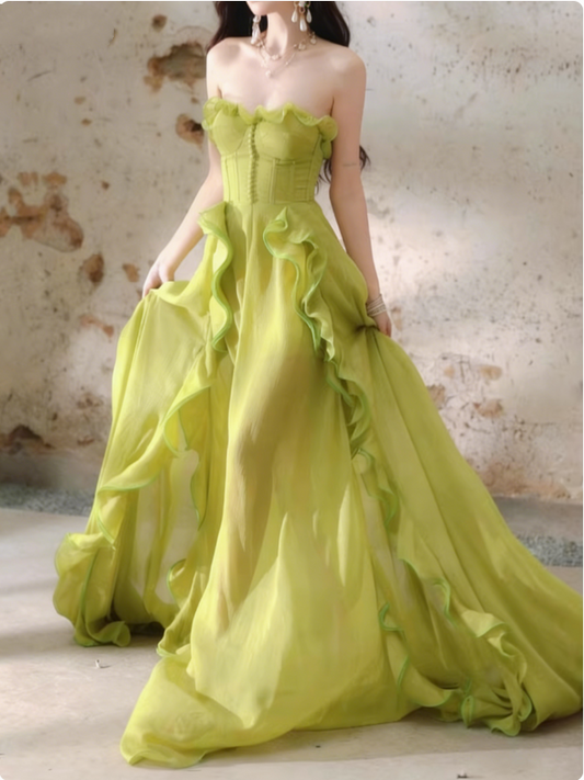 Romantic Lime Green Strapless Evening Gown Dramatic Ruffled Prom Dress TP5705