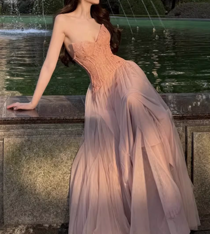 Ethereal Strapless Sweetheart Lace Corset & Tulle Prom Dress TP5708