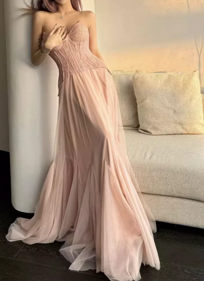 Ethereal Strapless Sweetheart Lace Corset & Tulle Prom Dress TP5708