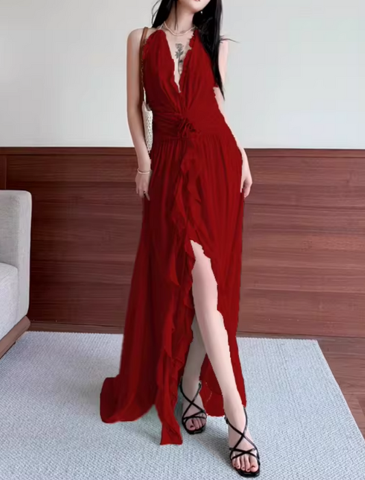 Ethereal Chiffon Halter Neck Evening Gown Floral Prom Dress TP5707