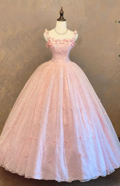Glamorous Pink Floral Applique Spaghetti Strap Sweet 15 Quinceanera Ball Gown TP5727