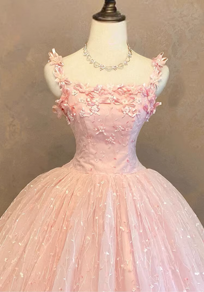 Glamorous Pink Floral Applique Spaghetti Strap Sweet 15 Quinceanera Ball Gown TP5727