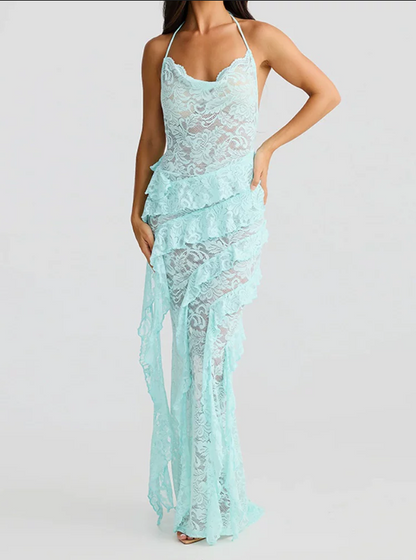 Gorgeous Lace Halter-Neck Maxi Prom Dress Sheer Tiered Ruffle Evening Gown TP5765