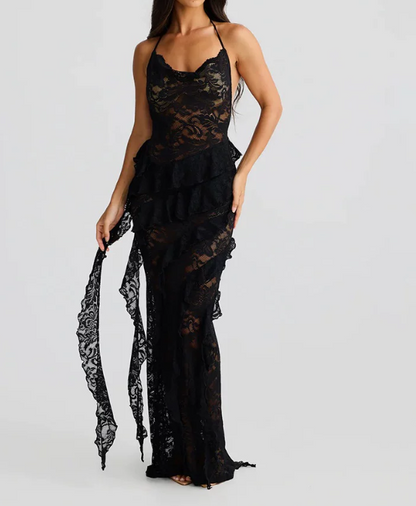 Gorgeous Lace Halter-Neck Maxi Prom Dress Sheer Tiered Ruffle Evening Gown TP5765