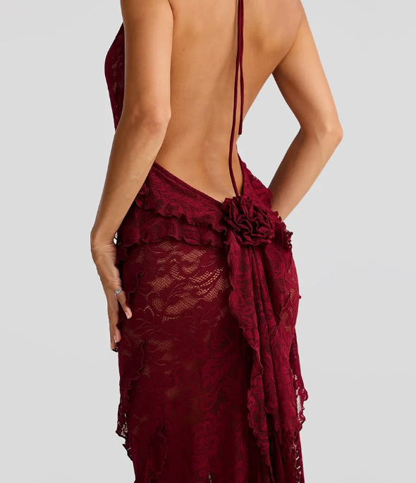 Gorgeous Lace Halter-Neck Maxi Prom Dress Sheer Tiered Ruffle Evening Gown TP5765