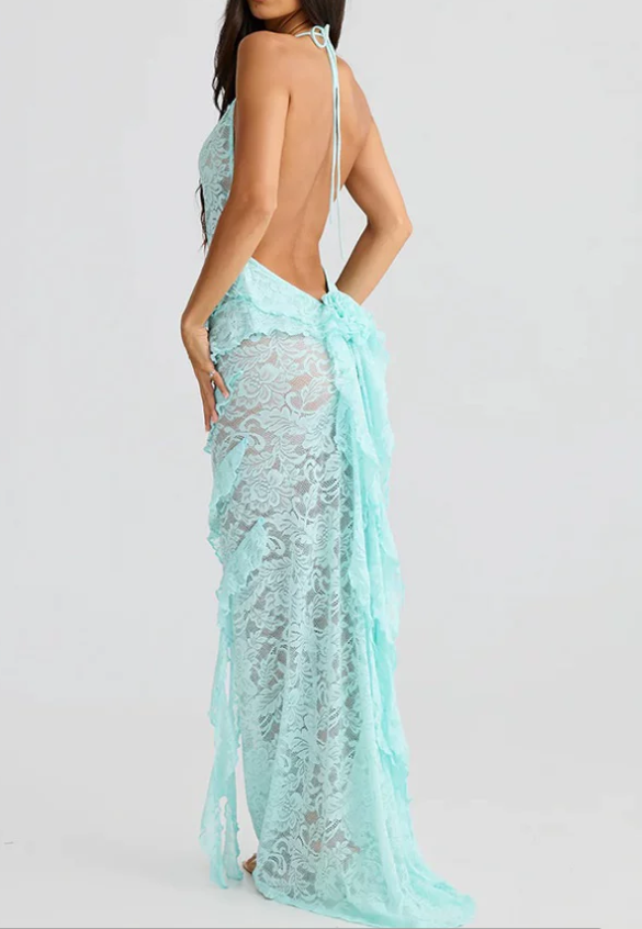 Gorgeous Lace Halter-Neck Maxi Prom Dress Sheer Tiered Ruffle Evening Gown TP5765