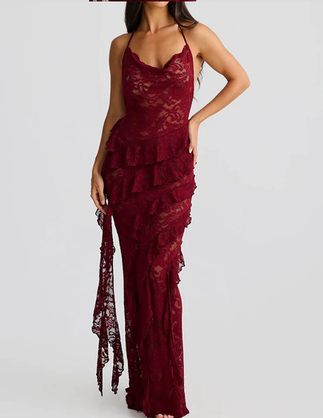 Gorgeous Lace Halter-Neck Maxi Prom Dress Sheer Tiered Ruffle Evening Gown TP5765