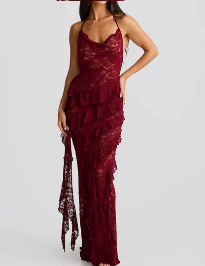 Gorgeous Lace Halter-Neck Maxi Prom Dress Sheer Tiered Ruffle Evening Gown TP5765