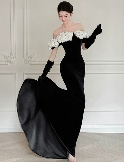 Elegant Black Velvet Evening Dress Off-Shoulder Floral Mermaid Formal Gown TP5770