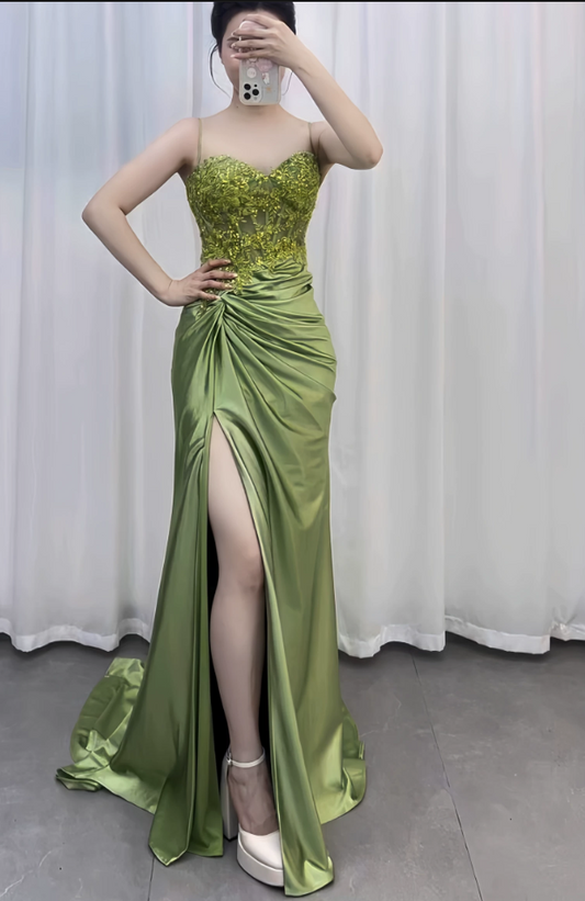 Gorgeous Spaghetti Straps Beaded Lace Mermaid Prom Dress Satin Ruched High Slit Evening Gown TP5755