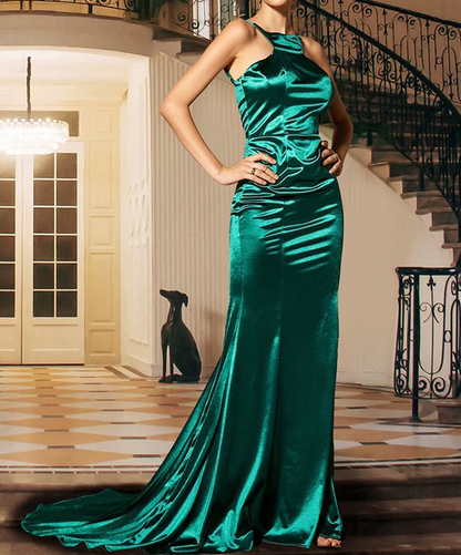 Elegant Emerald Green Satin Evening Gown Halter Neck Mermaid Formal Prom Dress TP5779