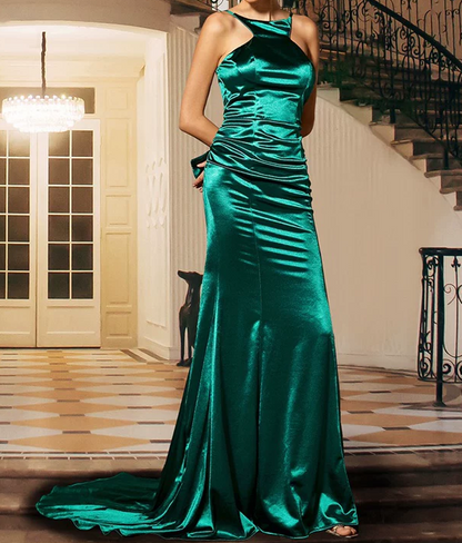 Elegant Emerald Green Satin Evening Gown Halter Neck Mermaid Formal Prom Dress TP5779