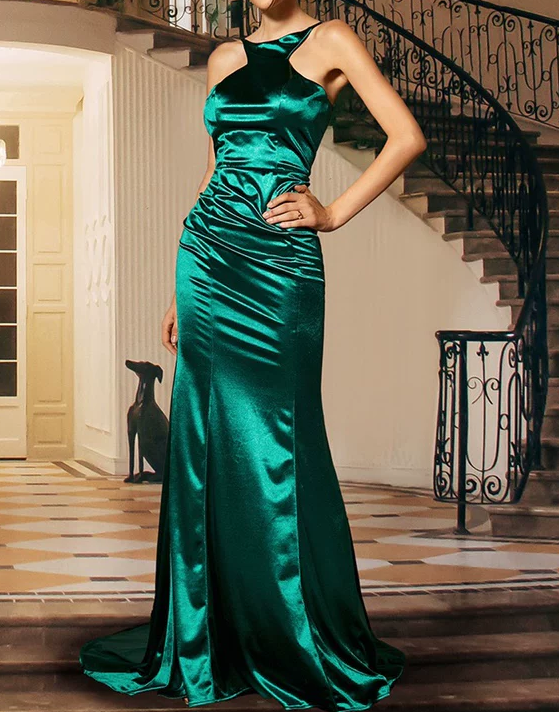 Elegant Emerald Green Satin Evening Gown Halter Neck Mermaid Formal Prom Dress TP5779