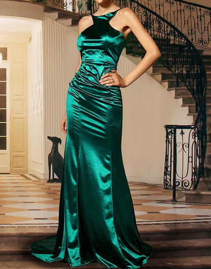 Elegant Emerald Green Satin Evening Gown Halter Neck Mermaid Formal Prom Dress TP5779