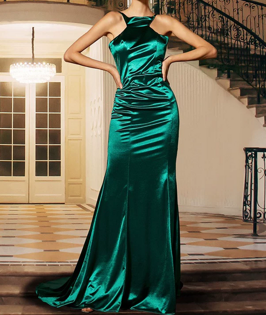 Elegant Emerald Green Satin Evening Gown Halter Neck Mermaid Formal Prom Dress TP5779