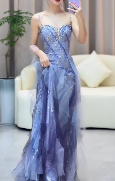Vintage Sparkly Blue Spaghetti Strap Evening Gown Beaded Sweetheart Tulle Prom Dress TP5841