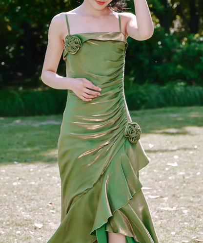 Vintage Burgundy Satin Spaghetti Strap 3D Rose Floral Asymmetrical Ruffle Slit Mermaid Formal Prom Dress TP5866