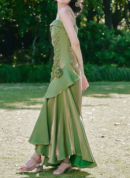 Vintage Burgundy Satin Spaghetti Strap 3D Rose Floral Asymmetrical Ruffle Slit Mermaid Formal Prom Dress TP5866