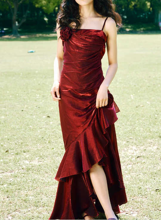 Vintage Burgundy Satin Spaghetti Strap 3D Rose Floral Asymmetrical Ruffle Slit Mermaid Formal Prom Dress TP5866