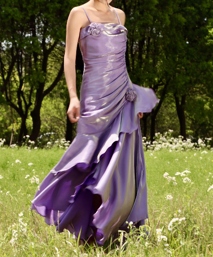 Vintage Burgundy Satin Spaghetti Strap 3D Rose Floral Asymmetrical Ruffle Slit Mermaid Formal Prom Dress TP5866