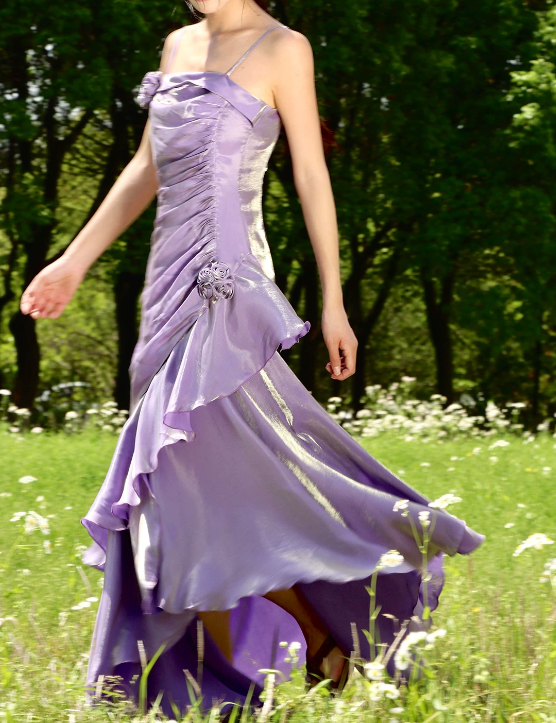 Vintage Burgundy Satin Spaghetti Strap 3D Rose Floral Asymmetrical Ruffle Slit Mermaid Formal Prom Dress TP5866