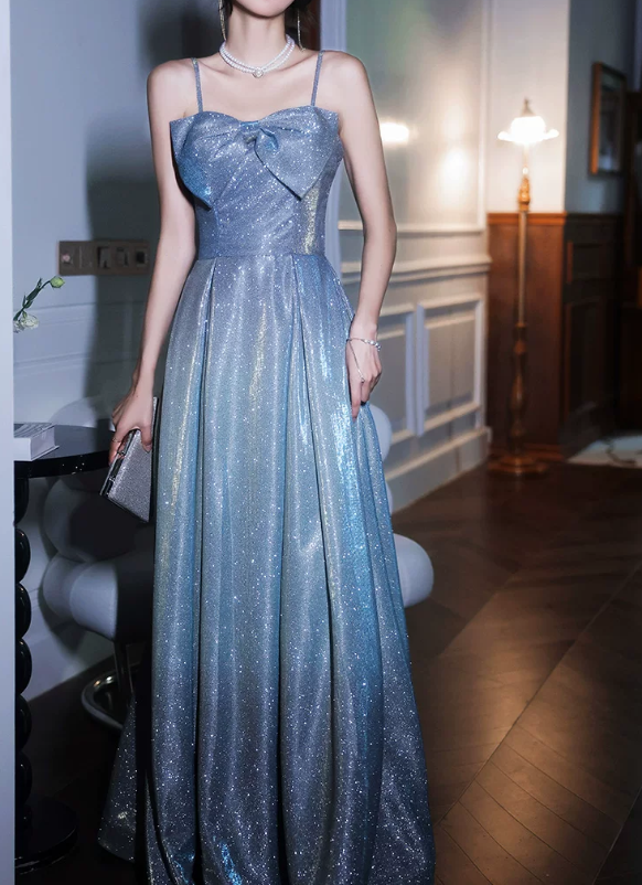 Glamorous Glitter Blue Spaghetti Strap Bow Sweetheart Neck A-Line Long Evening Gown TP5868