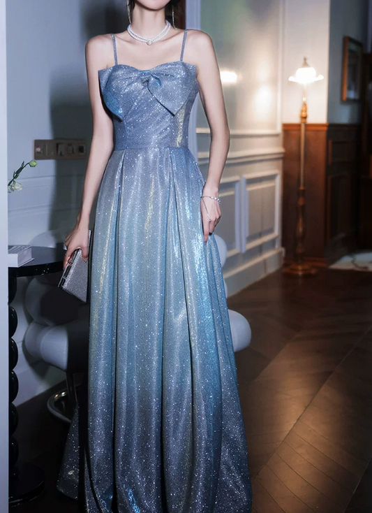 Glamorous Glitter Blue Spaghetti Strap Bow Sweetheart Neck A-Line Long Evening Gown TP5868