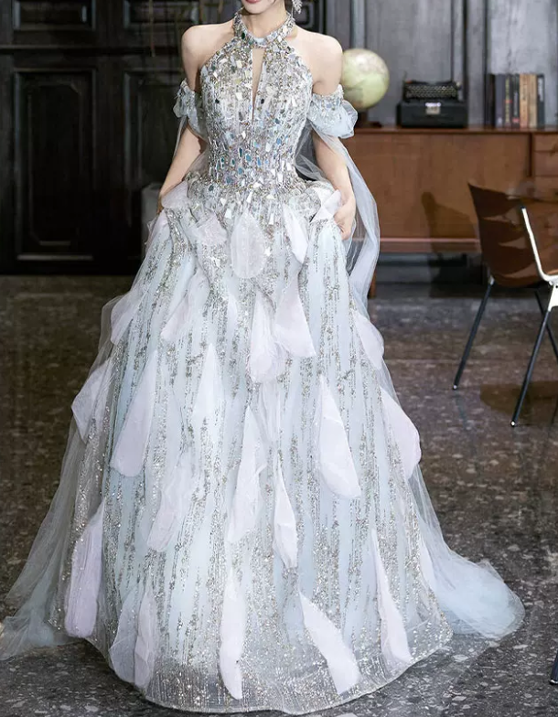 Glamorous Silver Halter-Neck Beaded 3D Petal Tulle Off-the-Shoulder A-Line Evening Gown TP5869