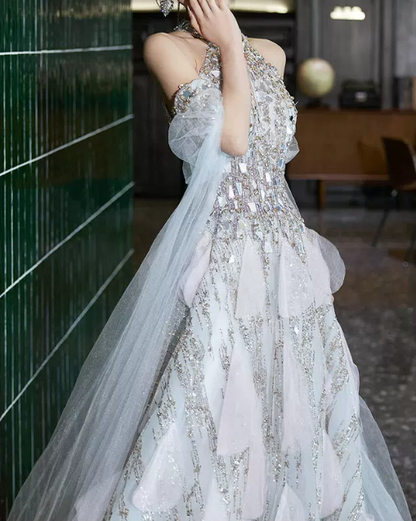 Glamorous Silver Halter-Neck Beaded 3D Petal Tulle Off-the-Shoulder A-Line Evening Gown TP5869
