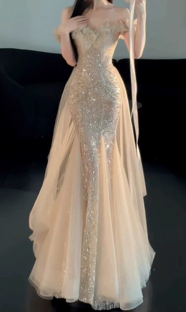 Glamorous Off-the-Shoulder Glitter Mermaid Tulle Floral Ruffle Neckline Prom Dress TP5872
