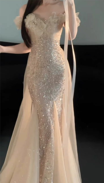 Glamorous Off-the-Shoulder Glitter Mermaid Tulle Floral Ruffle Neckline Prom Dress TP5872