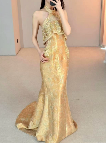 Vintage Gold Jacquard Halter-Neck Mermaid Long Evening Gown TP5876