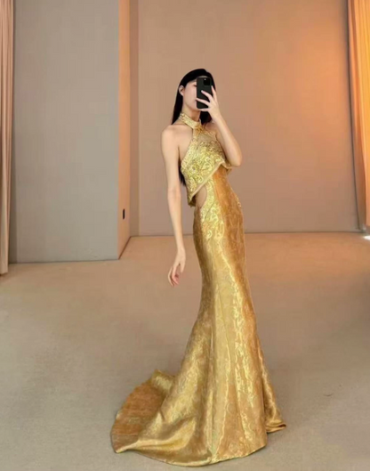 Vintage Gold Jacquard Halter-Neck Mermaid Long Evening Gown TP5876