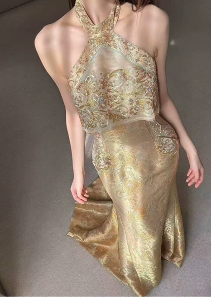 Vintage Gold Jacquard Halter-Neck Mermaid Long Evening Gown TP5876