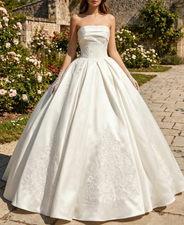 Vintage Ivory Strapless Satin Lace Embroidery A-Line Wedding Dress TP5981