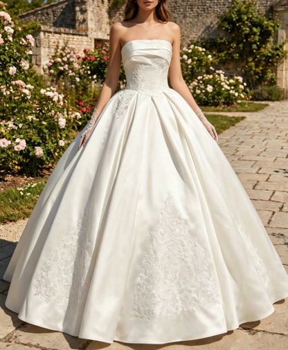 Vintage Ivory Strapless Satin Lace Embroidery A-Line Wedding Dress TP5981