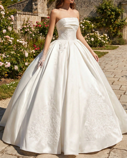 Vintage Ivory Strapless Satin Lace Embroidery A-Line Wedding Dress TP5981