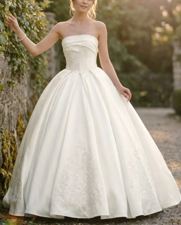Vintage Ivory Strapless Satin Lace Embroidery A-Line Wedding Dress TP5981