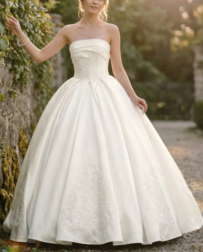 Vintage Ivory Strapless Satin Lace Embroidery A-Line Wedding Dress TP5981