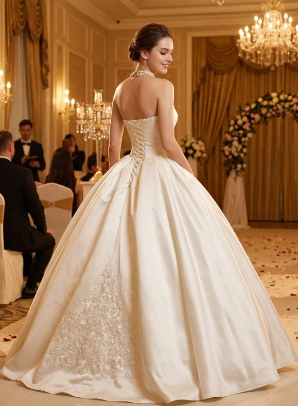 Vintage Ivory Strapless Satin Lace Embroidery A-Line Wedding Dress TP5981