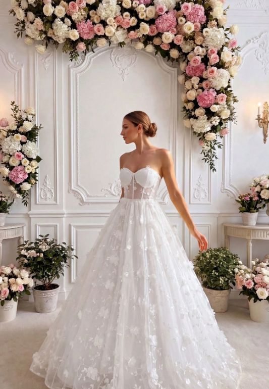 Vintage Strapless Sweetheart Sheer Corset Tulle 3D Floral Appliques A-Line Chapel Train Wedding Dress TP5982