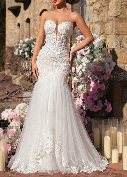 Vintage Strapless Sweetheart Mermaid Floral Lace Appliques Tulle Wedding Dress TP5983