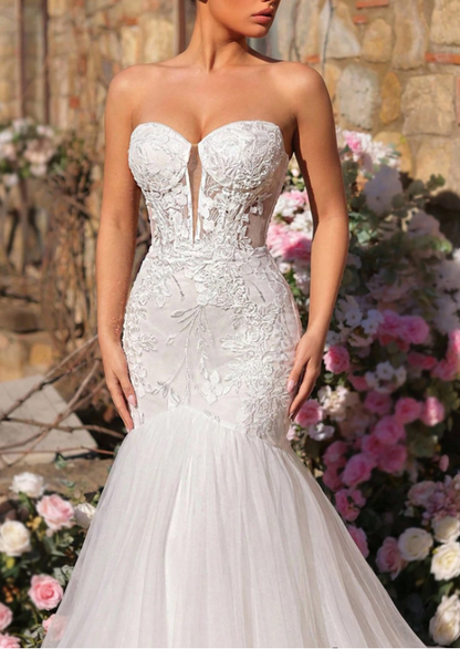 Vintage Strapless Sweetheart Mermaid Floral Lace Appliques Tulle Wedding Dress TP5983